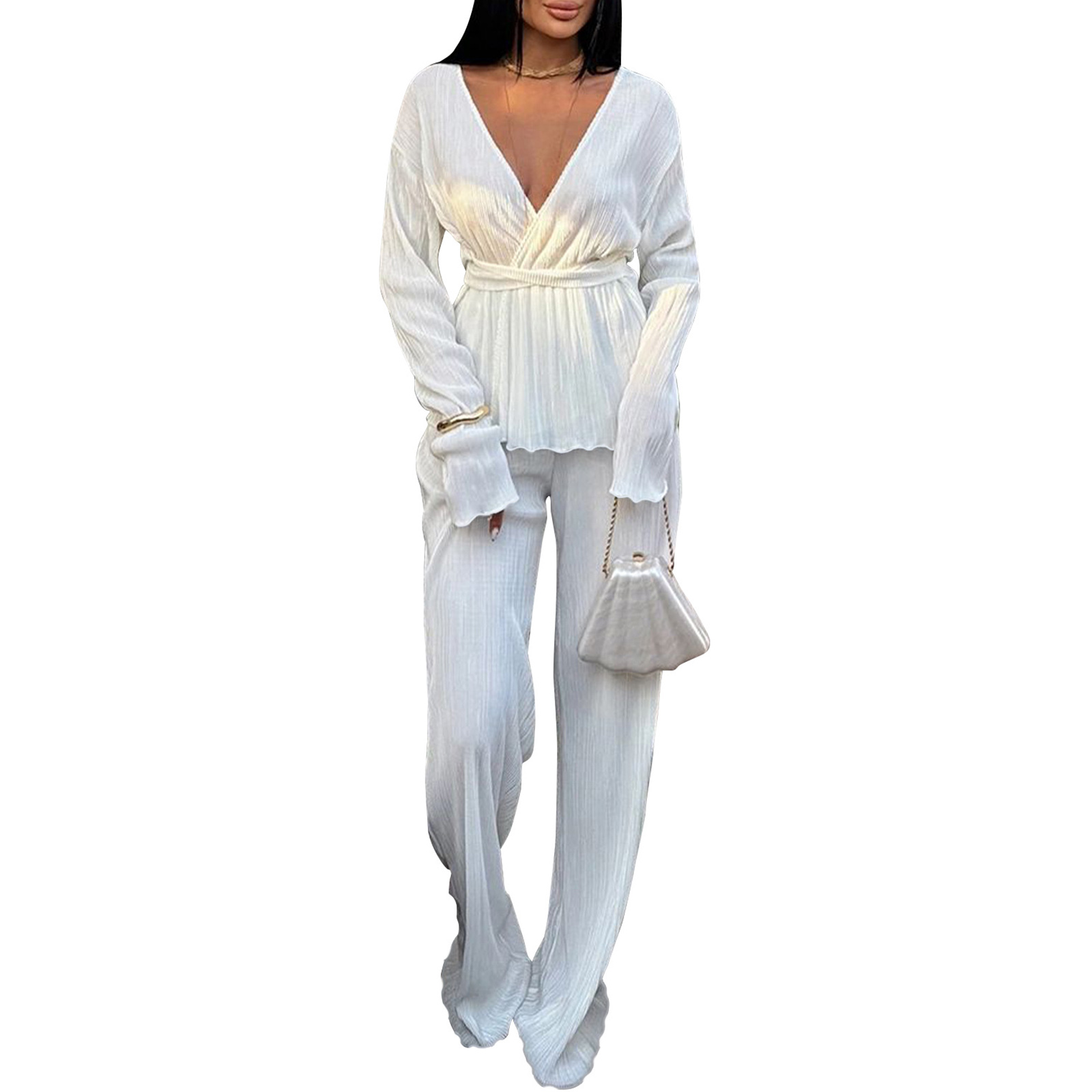 Women's Two Piece Sets Long Sleeve Pleated Open Front Shirt with Belt Flare Wide Leg Pants Sets Streetwear