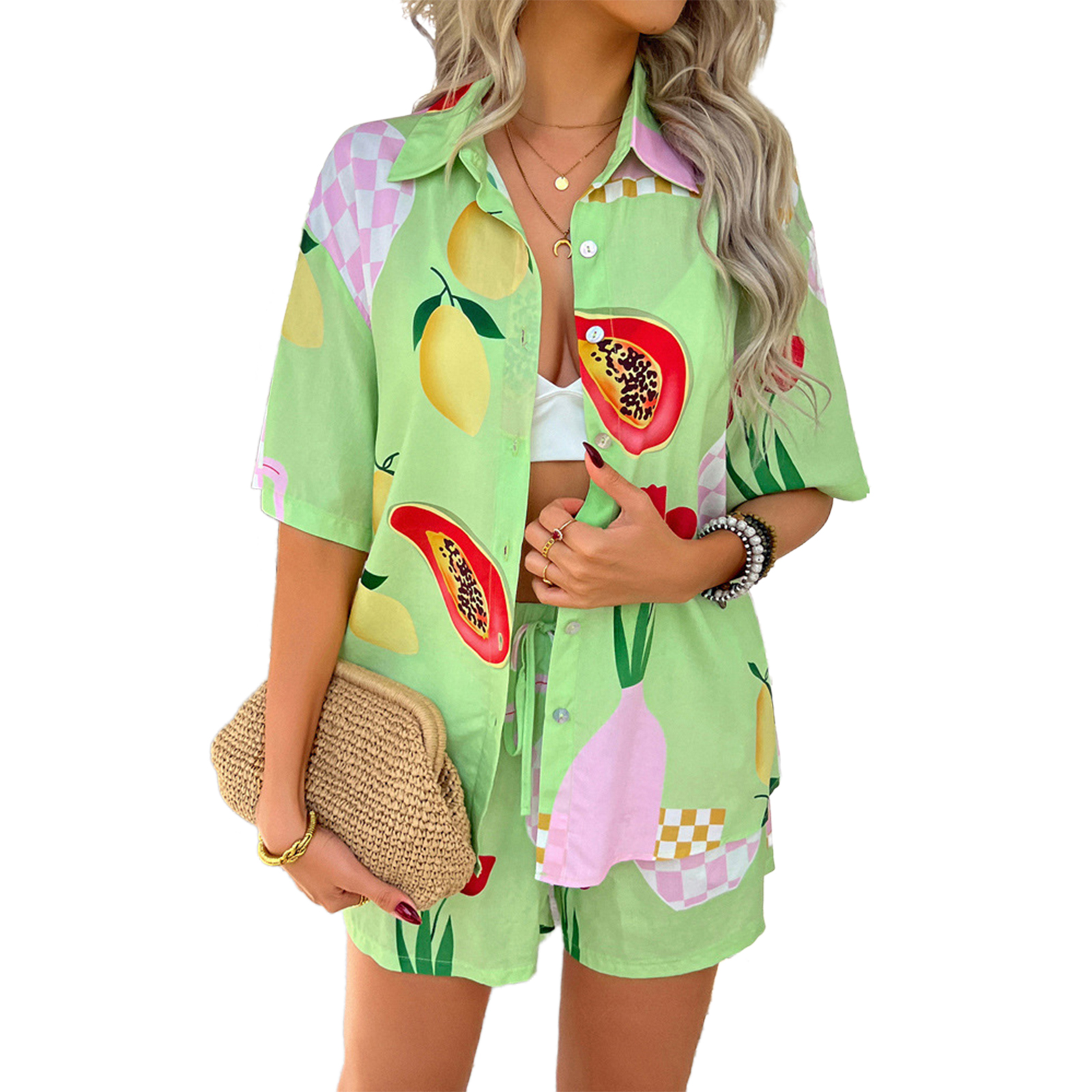 Womens Summer 2 Piece Beach Outfits Tropical Printed Short Sleeve Shirts Shorts Set