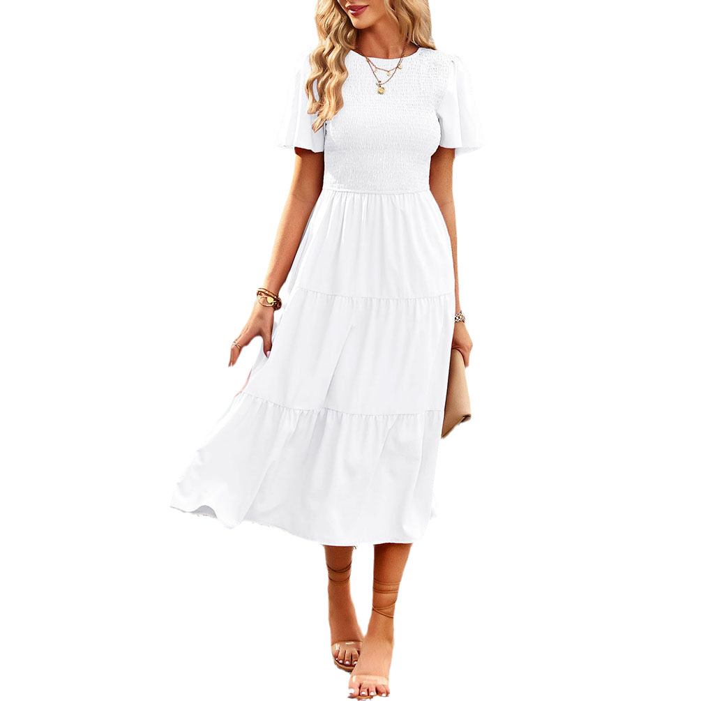 Women's Summer Flutter Short Sleeve Smocked Midi Dress Summer Casual Tiered A-Line Dress