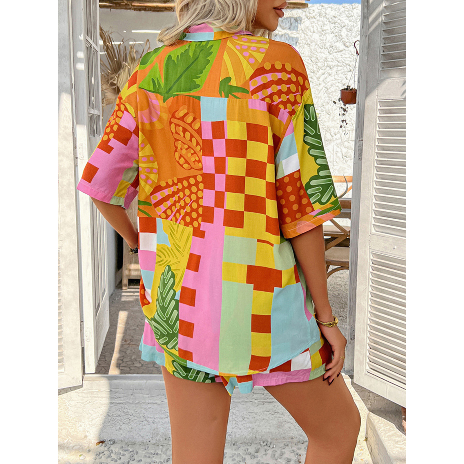 Women's Summer 2 Piece Beach Outfits Printed Short Sleeve Shirts Lounge Shorts Casual Tracksuit Set view 2