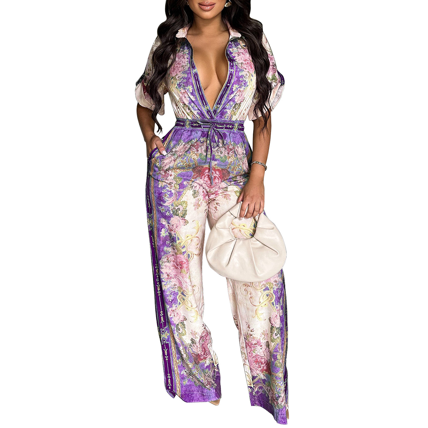Women‘s Elegant Retro Jumpsuits Casual Short Sleeve Floral Print Wide Straight Pants Rompers Club Outfits