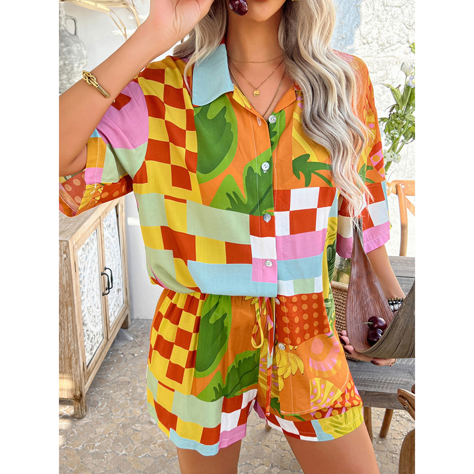 Women's Summer 2 Piece Beach Outfits Printed Short Sleeve Shirts Lounge Shorts Casual Tracksuit Set view 5