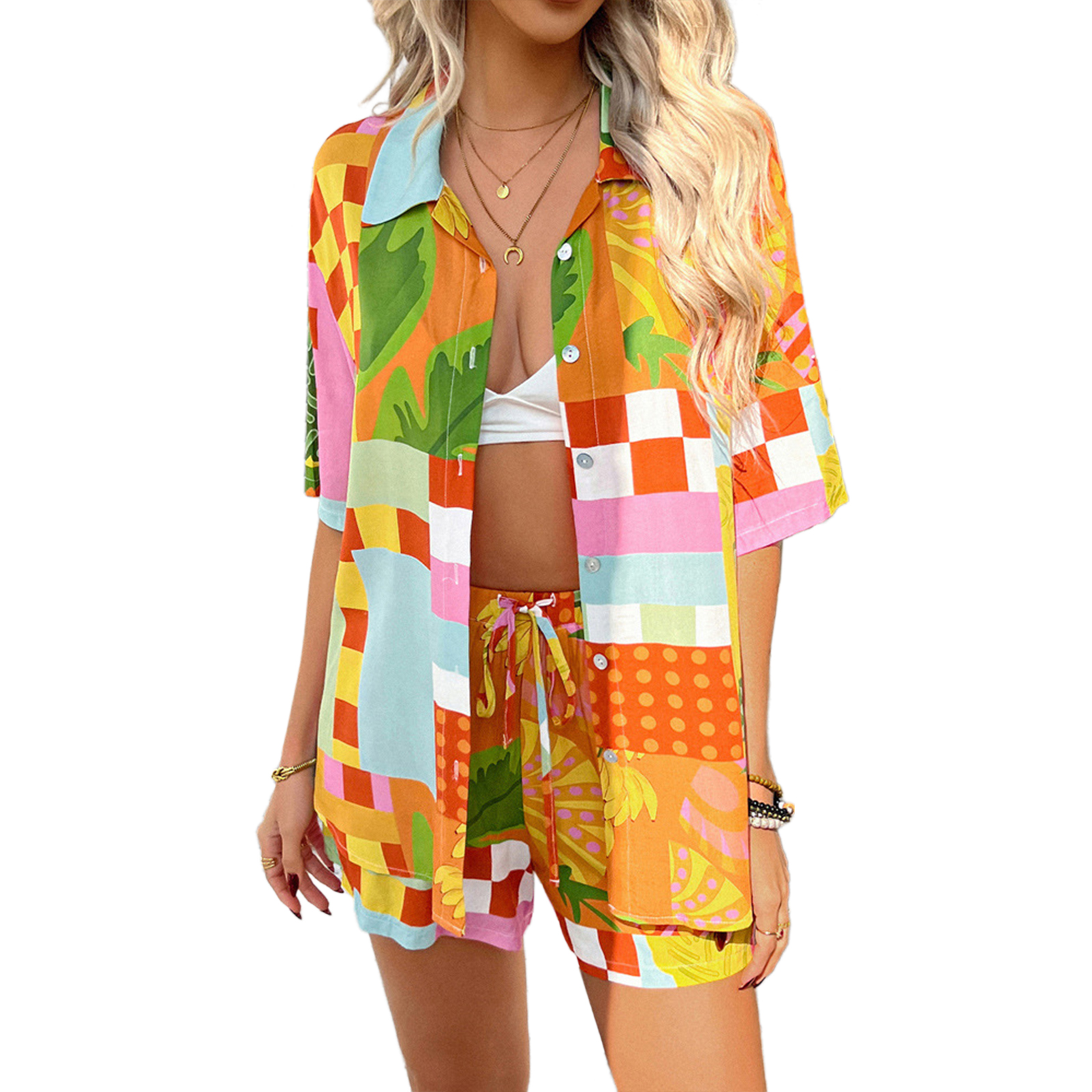 Women's Summer 2 Piece Beach Outfits Printed Short Sleeve Shirts Lounge Shorts Casual Tracksuit Set