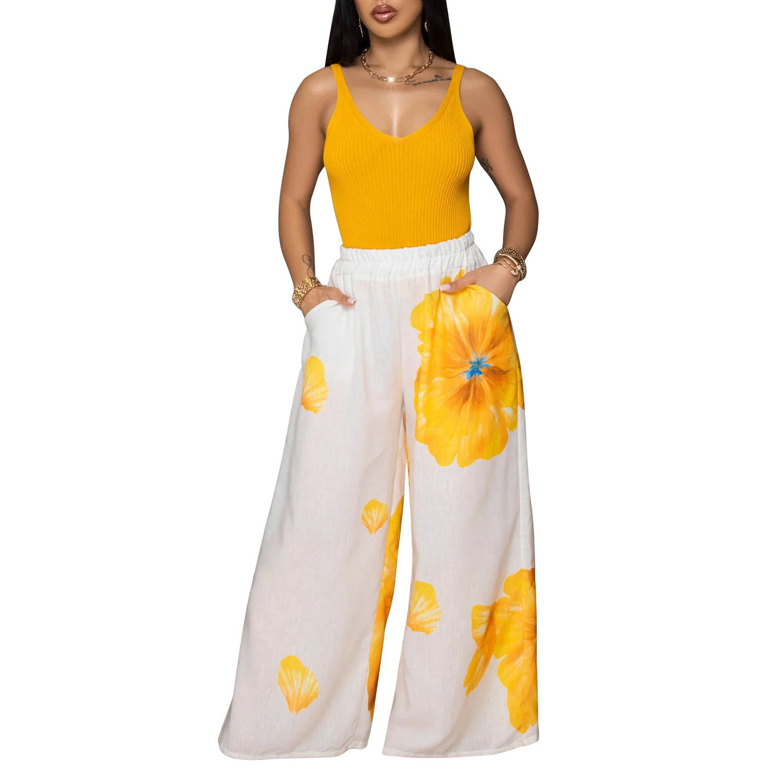 Women's Summer Floral Print Elastic High Waist Wide Leg Pants Loose Trousers with Pockets
