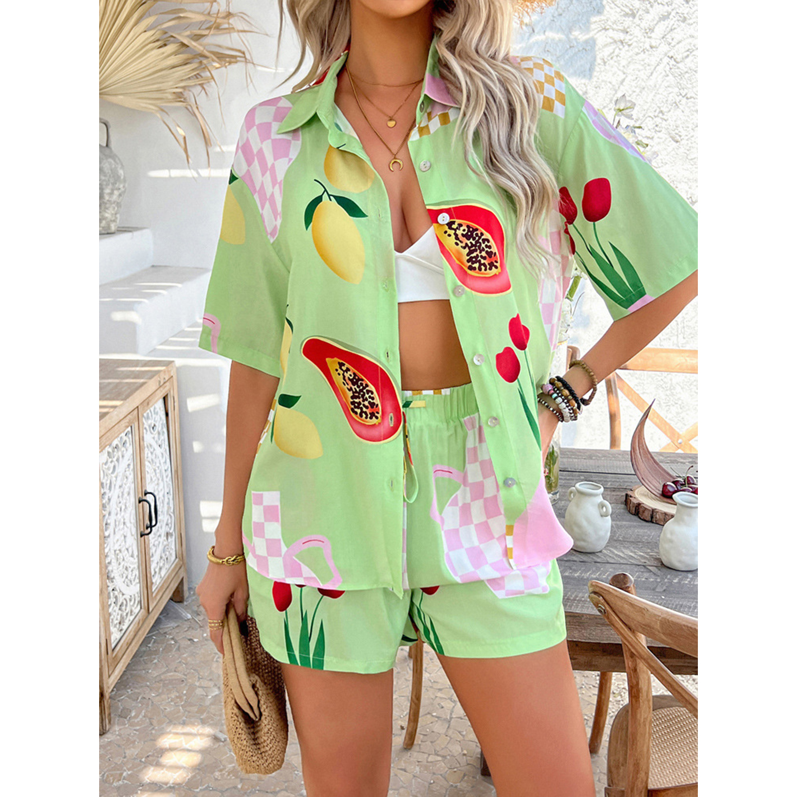Womens Summer 2 Piece Beach Outfits Tropical Printed Short Sleeve Shirts Shorts Set view 5