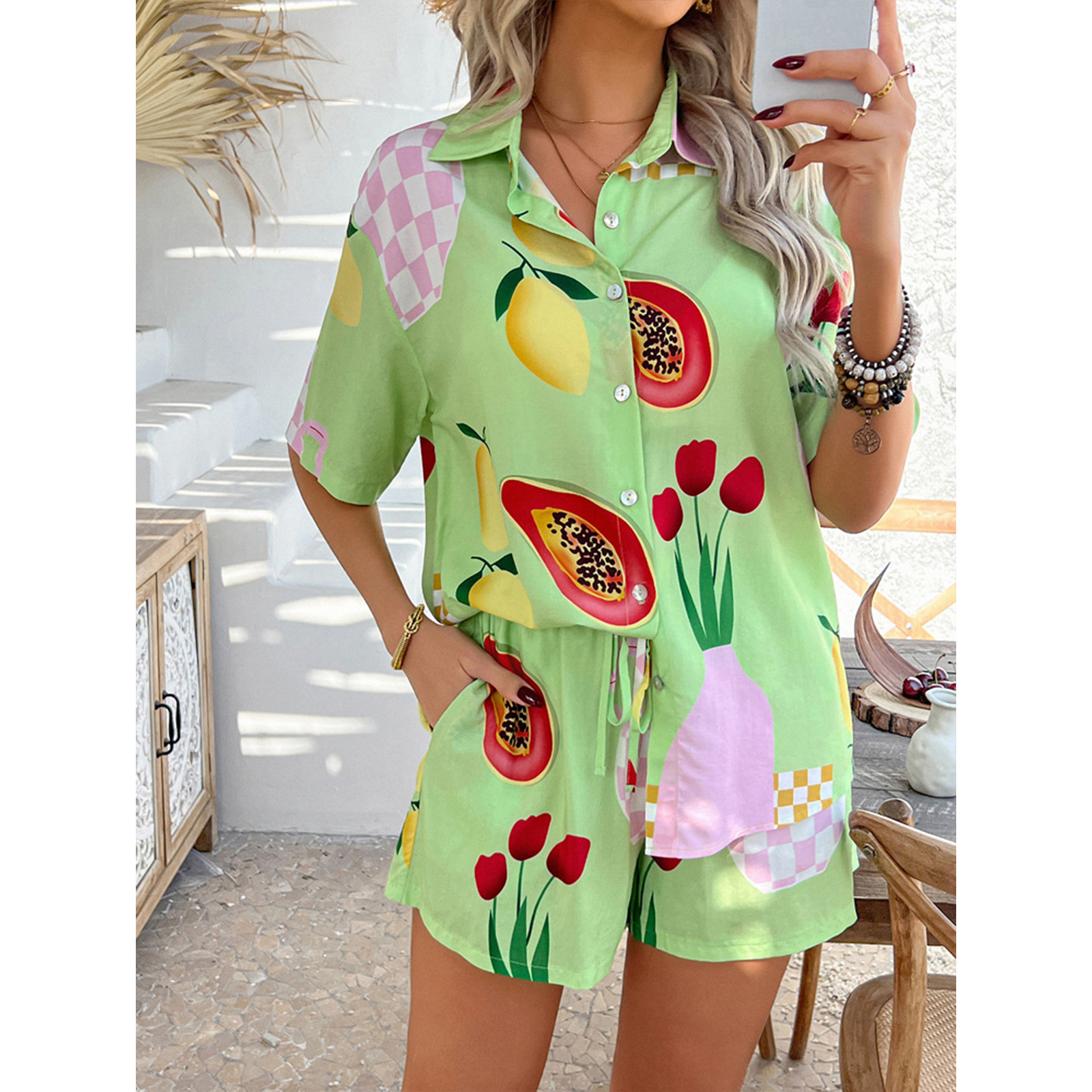 Womens Summer 2 Piece Beach Outfits Tropical Printed Short Sleeve Shirts Shorts Set view 6