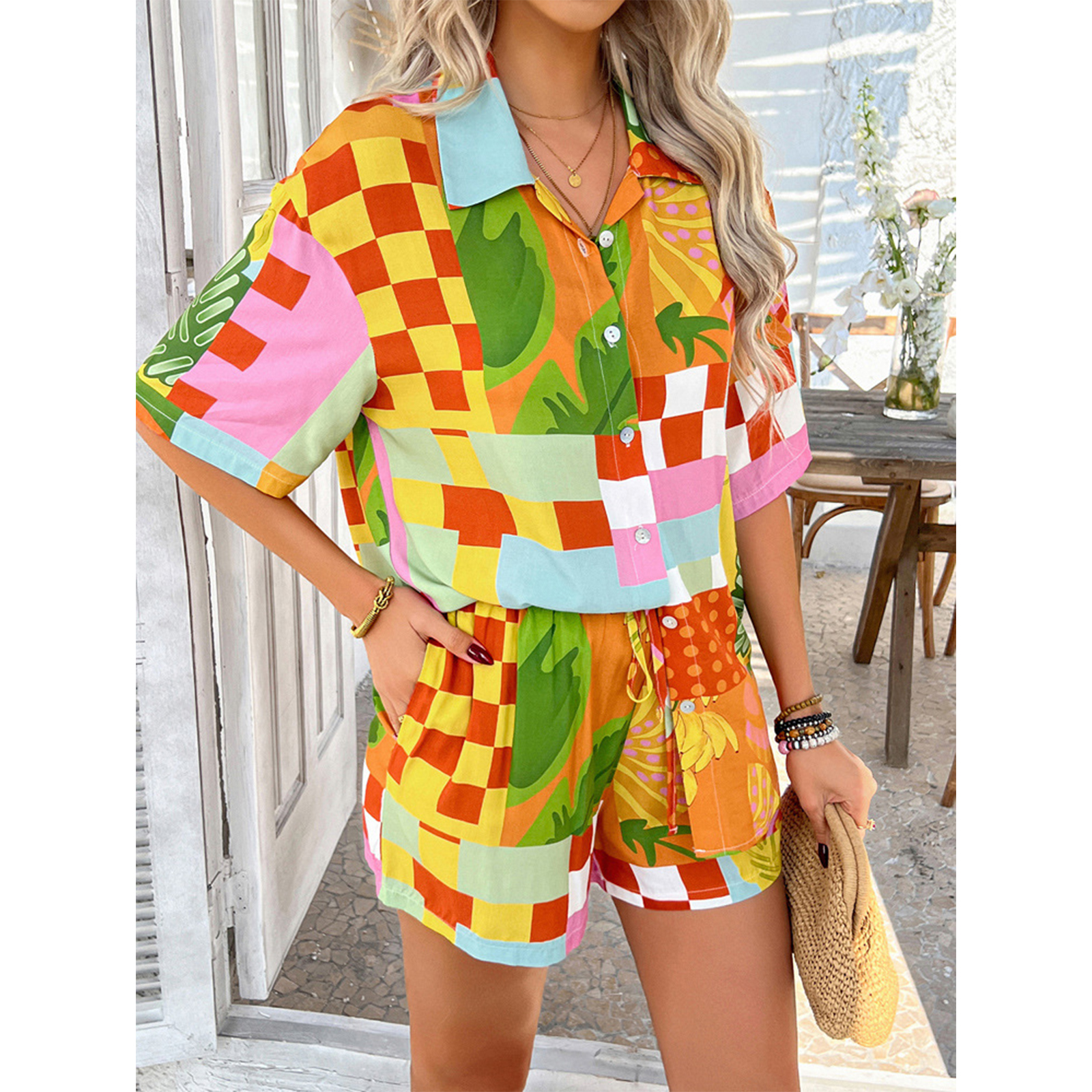 Women's Summer 2 Piece Beach Outfits Printed Short Sleeve Shirts Lounge Shorts Casual Tracksuit Set view 6