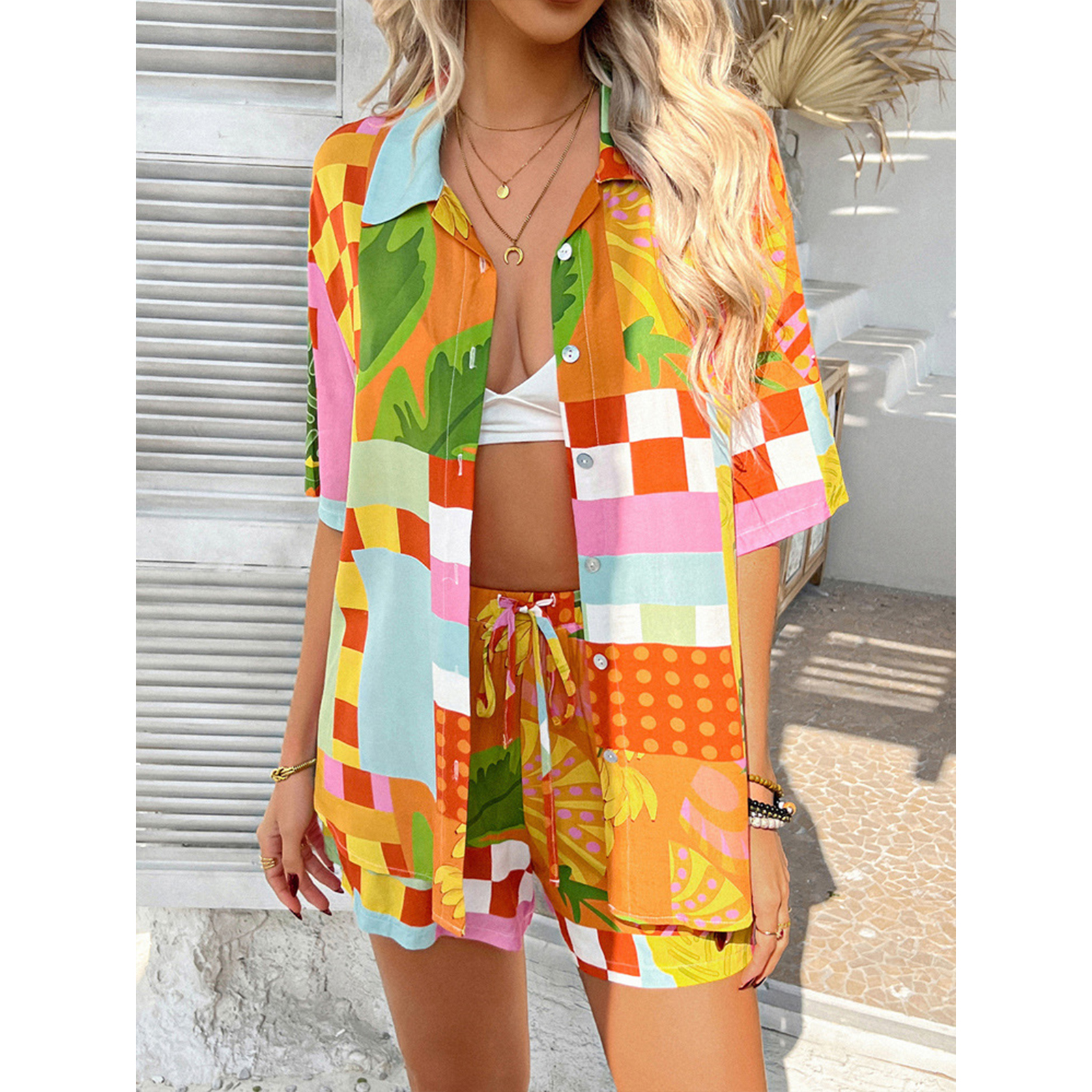 Women's Summer 2 Piece Beach Outfits Printed Short Sleeve Shirts Lounge Shorts Casual Tracksuit Set view 7