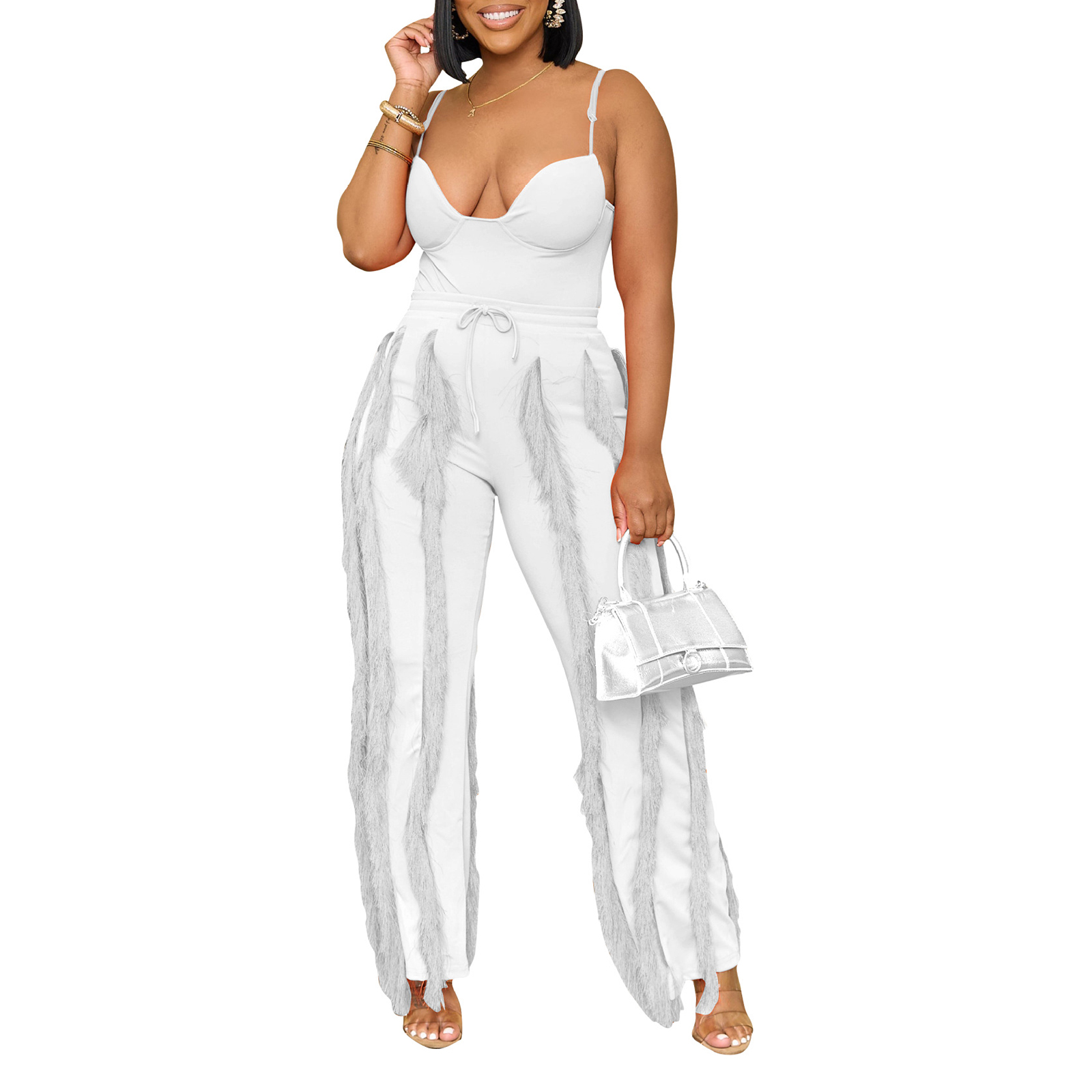 Women 2 Piece Outfits Fringe Tassel Long Pants Set Adjustable Spaghetti Strap Bodysuit Clubwear Matching Sets