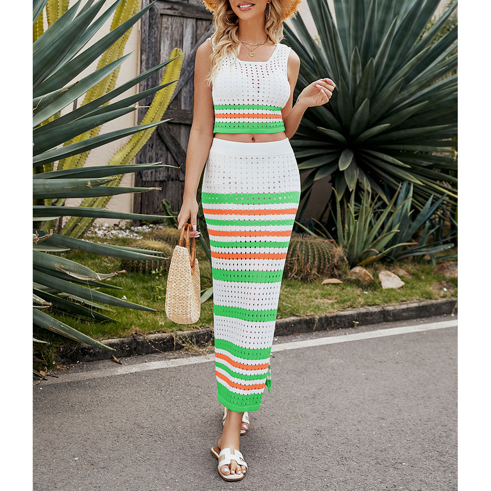 Womens 2 Piece Crochet Swimsuits Coverup Stripes Hollow Out Knit Swim Cover up Bathing Suit Side Slit Dress view 5