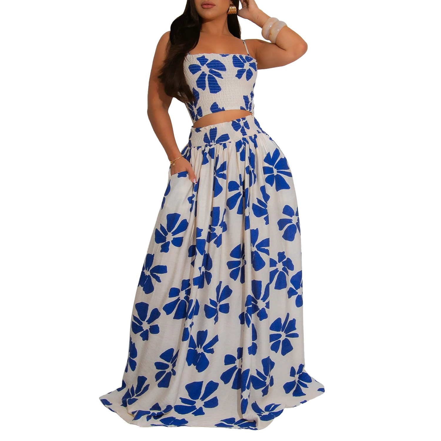 HANMAX Two Piece Sets for Women Summer Floral Beach Outfit Casual Sleeveless Cropped Tank Top High Waisted Maxi Skirt Set