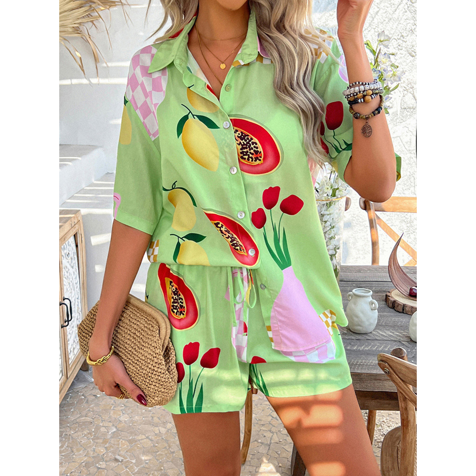 Womens Summer 2 Piece Beach Outfits Tropical Printed Short Sleeve Shirts Shorts Set view 4