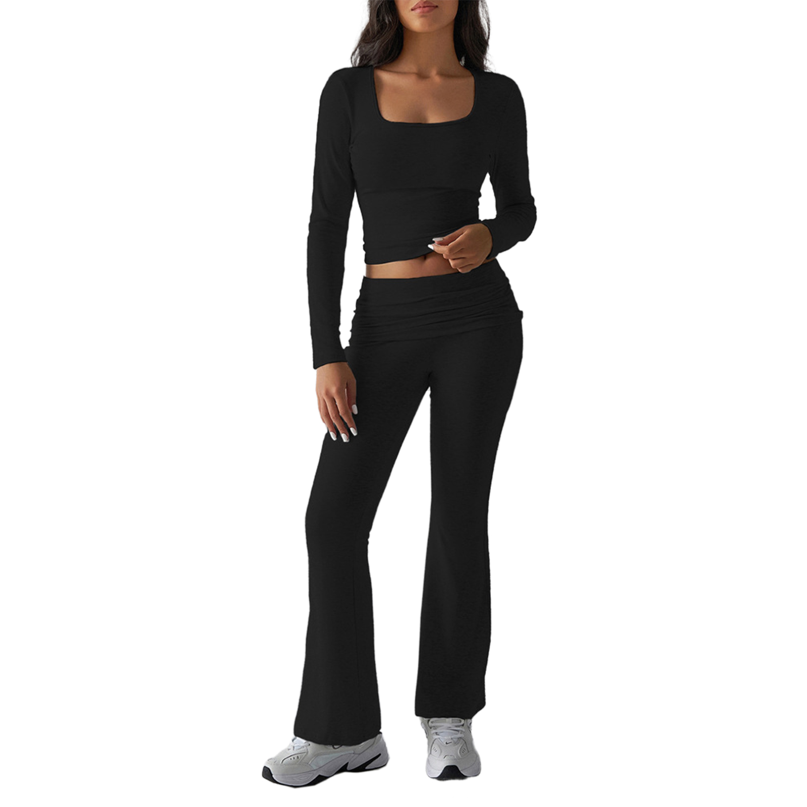 Womens 2 Piece Outfits Foldover Flare Pants Long Sleeve Crew Neck T-shirt Fitted Tracksuit Sets